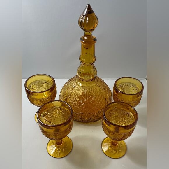 6pc Vintage Tiara Amber Decanter‎ & Wine Glass Set - Picture 2 of 15